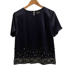 St. John Couture Hand Beading Blouse Navy Blue Short Sleeve
